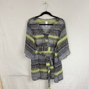 Womens Plus 1X Abstract Ikat Chiffon Tunic Top Brown Lime Green V-Neck Kimono